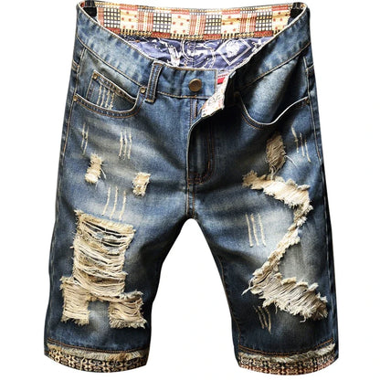 Streetwear Men's Ripped Denim Shorts Straight Slim Fashion Hip Hop Short Pants Big Hole Vintage Knee Length Jeans