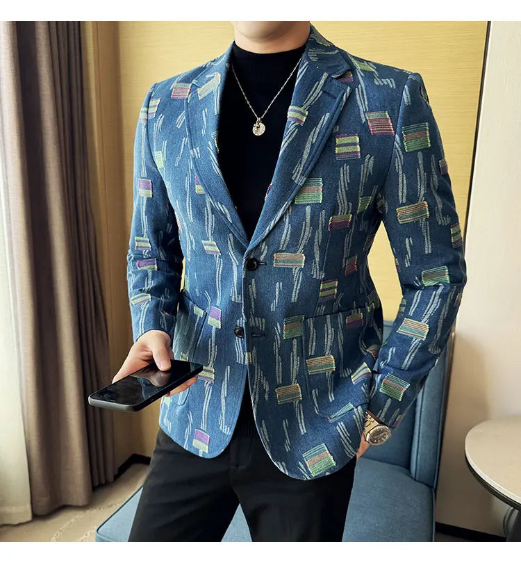 2025 New Luxury Denim Jacquard Suit Coats Men Fashion Slim Fit Suit Casual Business Party Coat Uniform Wedding Social Tailcoat