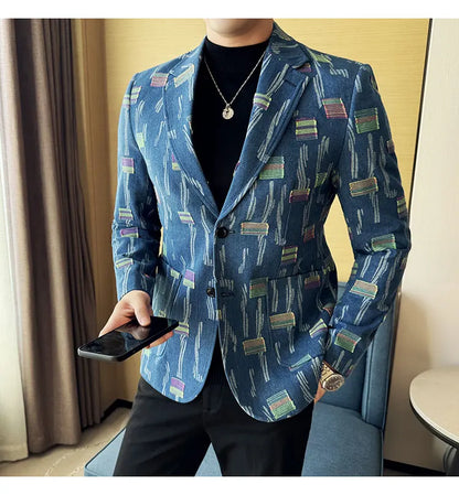 2025 New Luxury Denim Jacquard Suit Coats Men Fashion Slim Fit Suit Casual Business Party Coat Uniform Wedding Social Tailcoat