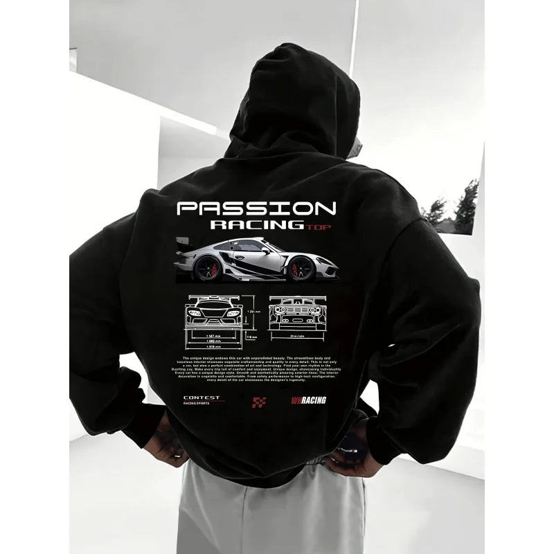 2025 Popular Digital Pattern Men's Hooded Sweatshirt Car-Themed Design American-Style Casual Sports Long-Sleeved Shirt