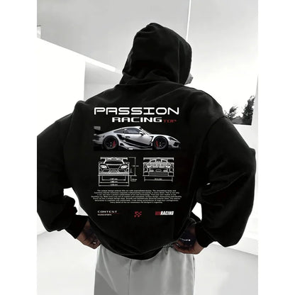 2025 Popular Digital Pattern Men's Hooded Sweatshirt Car-Themed Design American-Style Casual Sports Long-Sleeved Shirt