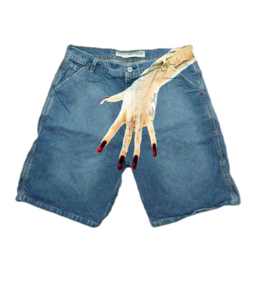 Deeptown Y2k Vintage Harajuku Denim Shorts Women Washed Letter Embroidery Tassels American Retro Jeans Man Baggy Hip Hop Jorts