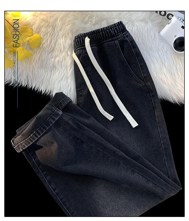 Casual Jeans Men's Baggy Straight Elastic Waist Drawstring Korea Fashion Male Vintage Denim Trousers Streetwear 3XL
