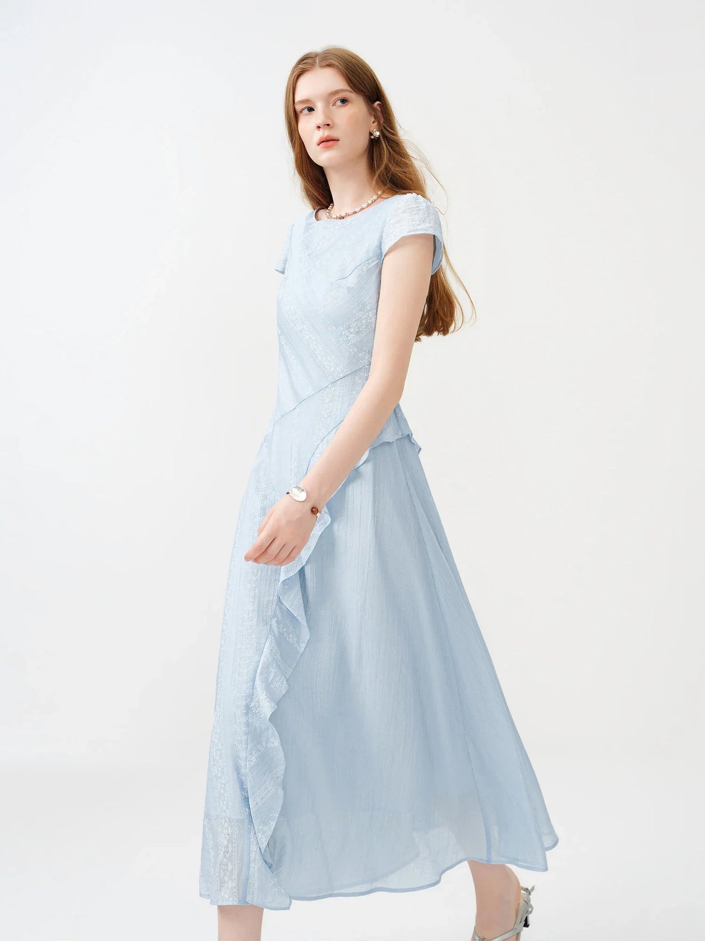 Women 2026 Summer New Arrival Soft Lyocell Dress Ruffled Waist-Cinched Bias Cut Slimming Elegant Commuter style Midi Dress