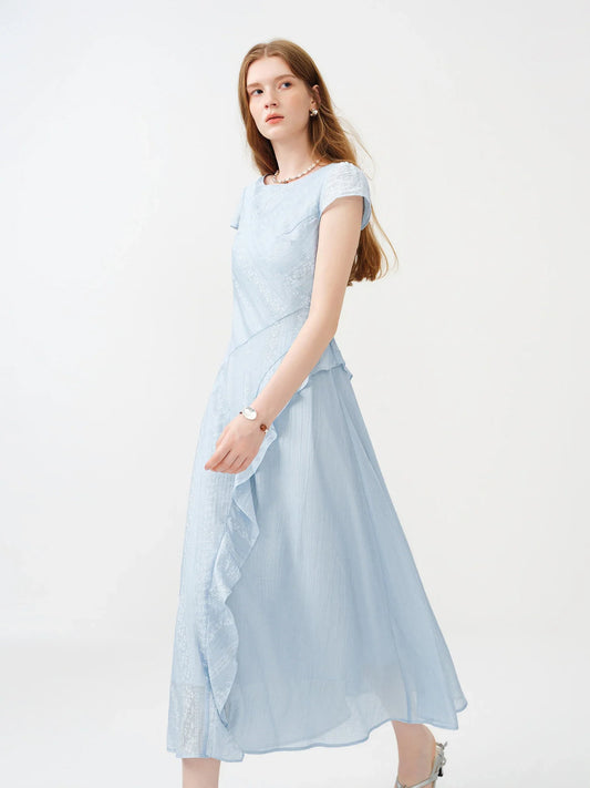 Women 2026 Summer New Arrival Soft Lyocell Dress Ruffled Waist-Cinched Bias Cut Slimming Elegant Commuter style Midi Dress