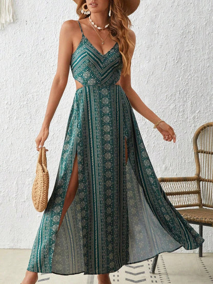 Deep V-Neck Backless Sling Dress with Thigh High Slit, Floral Print Beach Holiday Party Maxi Dress, Summer Women's Clothing
