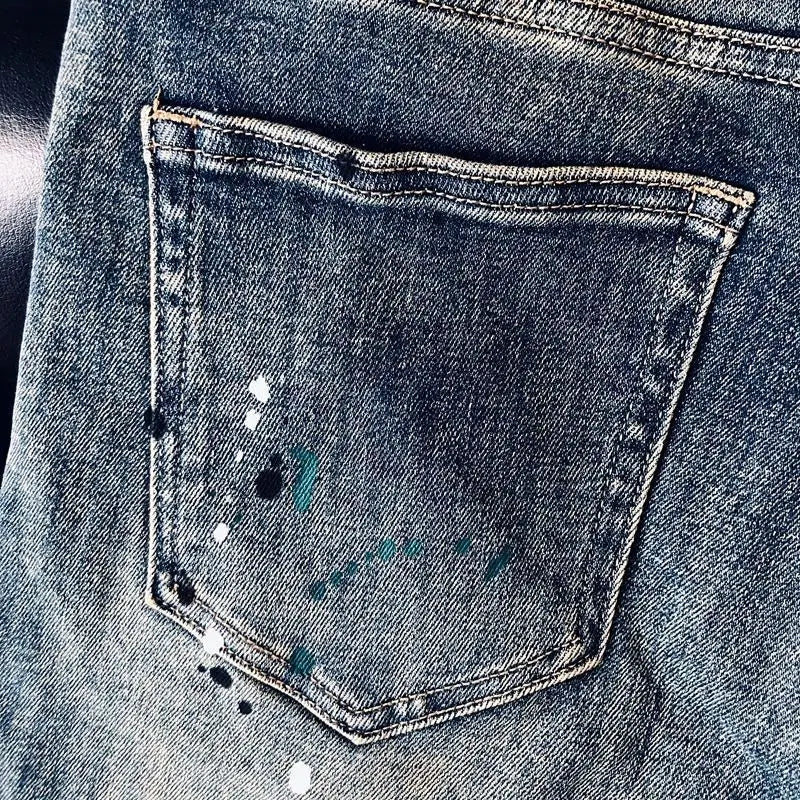 High-quality Blue Jeans Men's 2025 Spring and Summer European Wear Cargo Brand Letter Printing Ink Splashing Straight-leg Pants