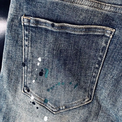 High-quality Blue Jeans Men's 2025 Spring and Summer European Wear Cargo Brand Letter Printing Ink Splashing Straight-leg Pants