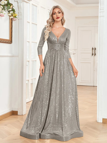 Luxury V Neck Long Sleeves Blue Sequins Formal Evening Dress Women 2025 Wedding Party Prom Maxi Cocktail Dress Gowns