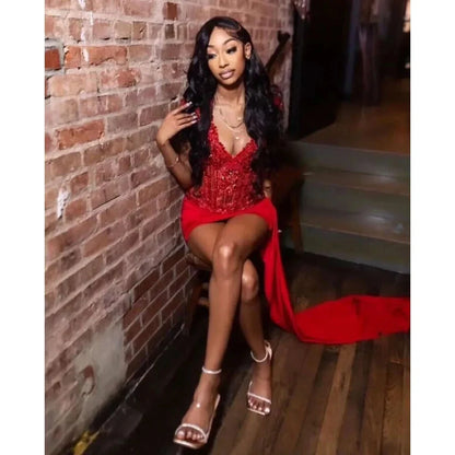 Luxury red sexy V-neck sparkly short PROM homecoming dress with Crystal Decal Birthday Party Graduation Dress 2024 custom