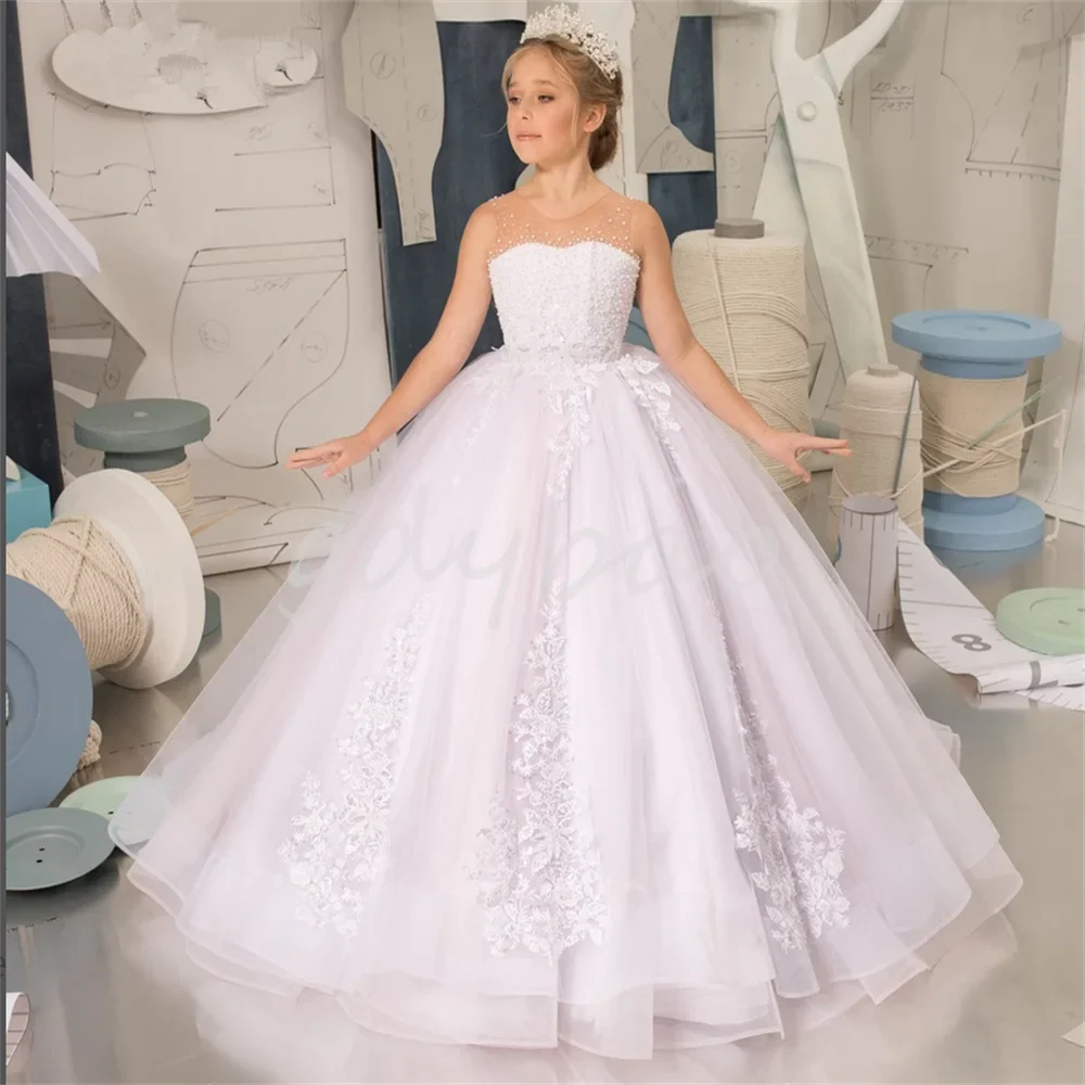 Elegant White Puffy Tulle Flower Girl Dresses With Bows For Wedding Princess Ball Gown Lace Appliques First Communion Gowns