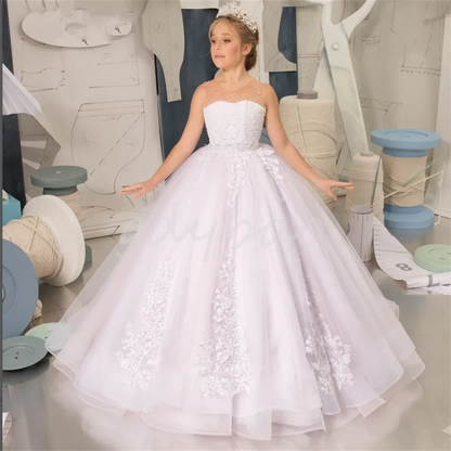 Elegant White Puffy Tulle Flower Girl Dresses With Bows For Wedding Princess Ball Gown Lace Appliques First Communion Gowns