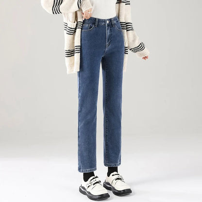 Winter Warm Jeans Women's Thickened Soft Comfortable Elastic Denim Pants Fashion Korean Straight Female Velvet Warm Clothing