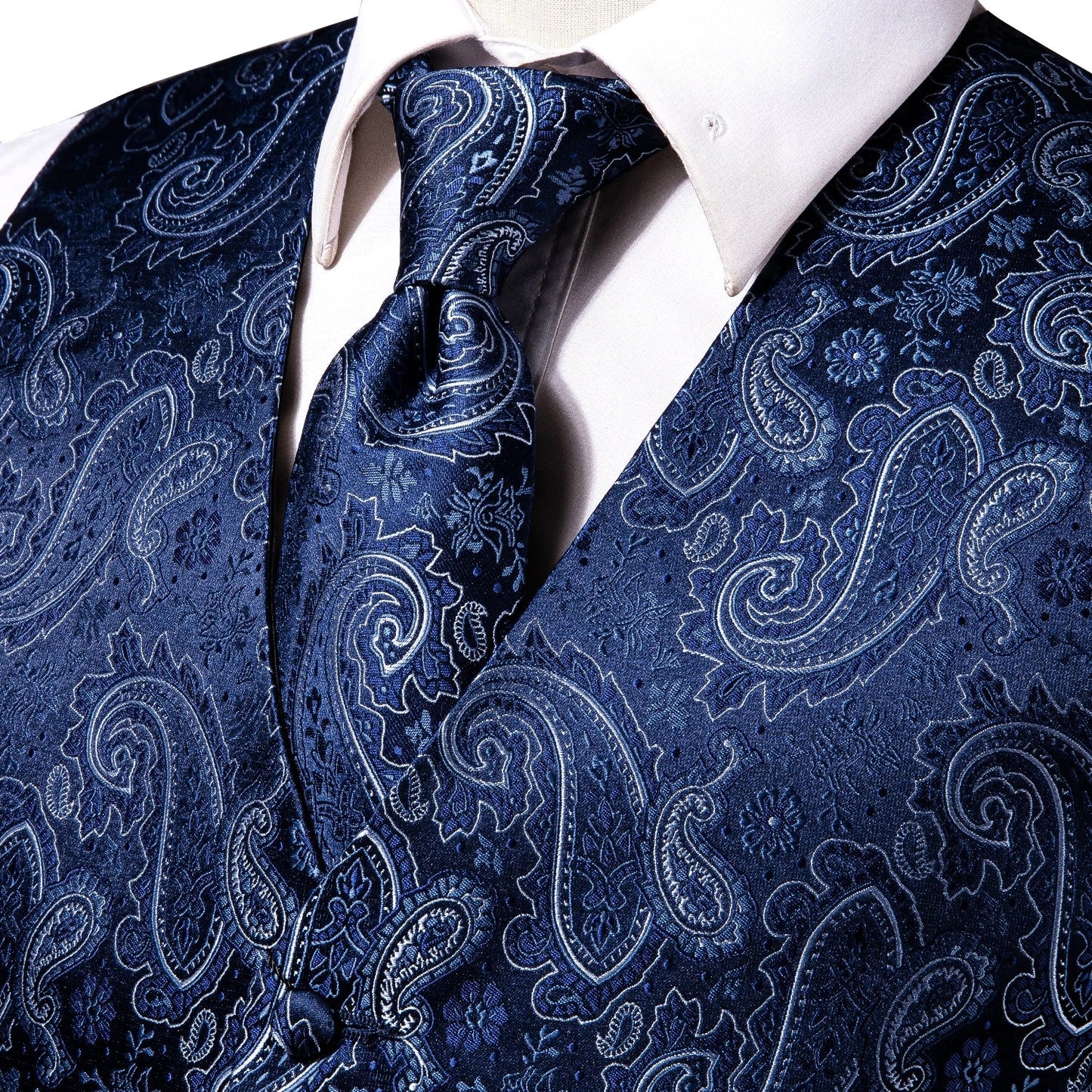 Navy Blue Mens Vest Formal Paisley Waistcoat Jacket Tie Handkerchief Cufflinks Set For Male Dress Suit Wedding Party