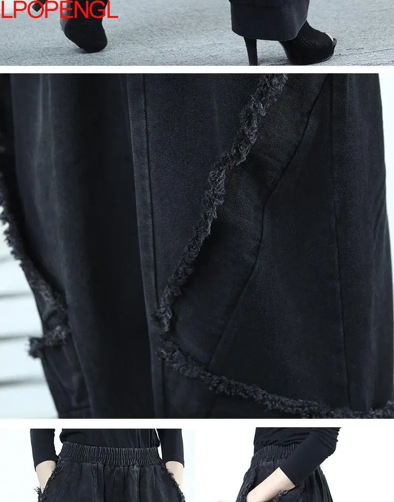 Black Wide-leg Jeans Harlan Pants Loose Fashion Casual Full Length High Waist Patchwork Print Pocket Jeans Women Clothes Spring