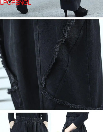 Black Wide-leg Jeans Harlan Pants Loose Fashion Casual Full Length High Waist Patchwork Print Pocket Jeans Women Clothes Spring