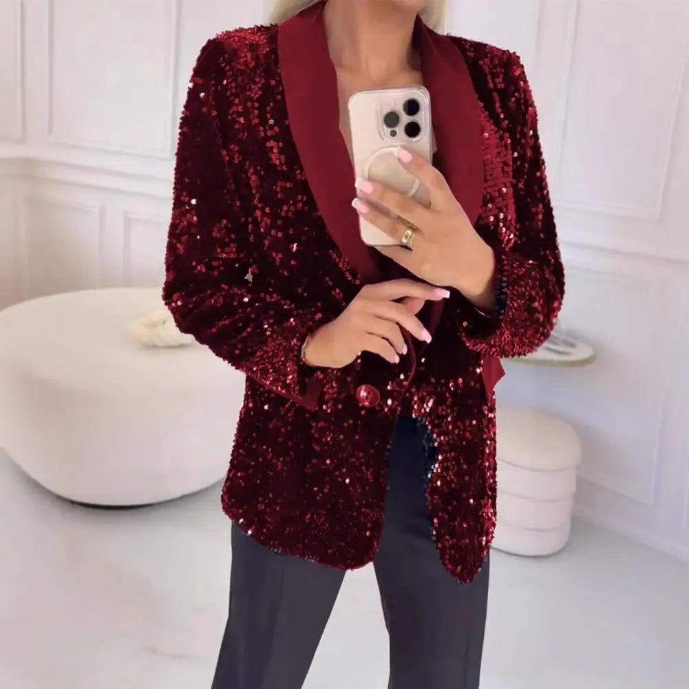 Sequin Suit Coat Solid Color Coat Elegant Glitter Sequin Women's Suit Coat with Lapel Long Sleeve Button Jacket for Autumn