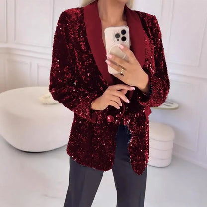 Sequin Suit Coat Solid Color Coat Elegant Glitter Sequin Women's Suit Coat with Lapel Long Sleeve Button Jacket for Autumn