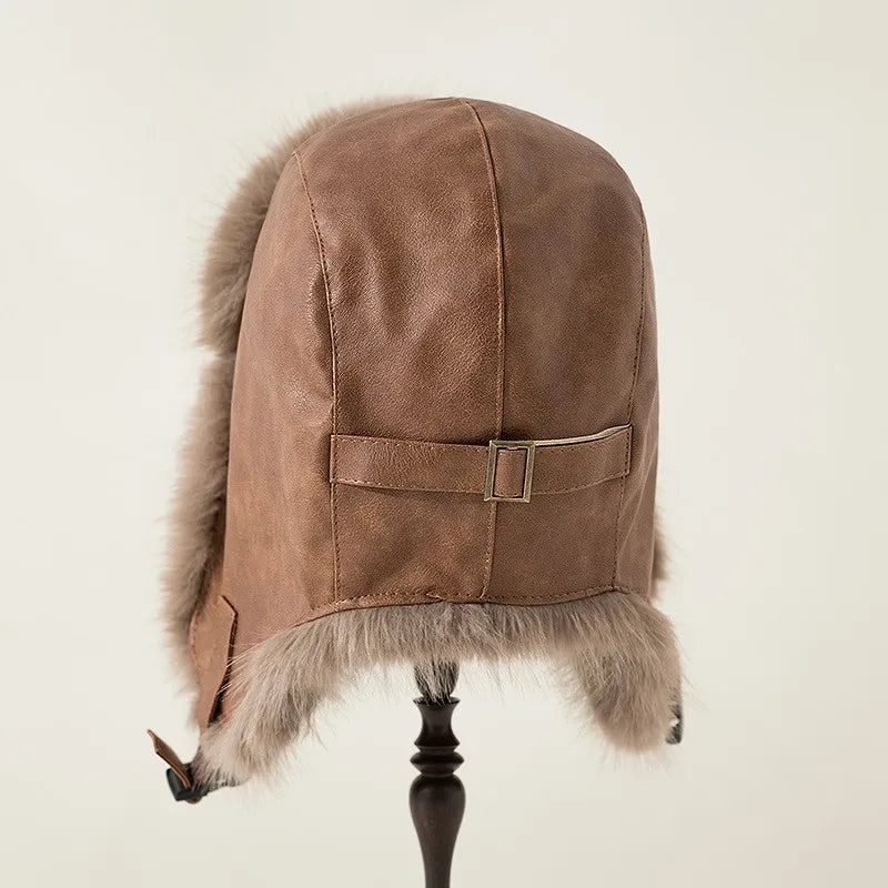 Women Winter Windproof Cold Proof Hat Man Warm Leather Pilot Hats Adult Long Fur Ear Protection Cap