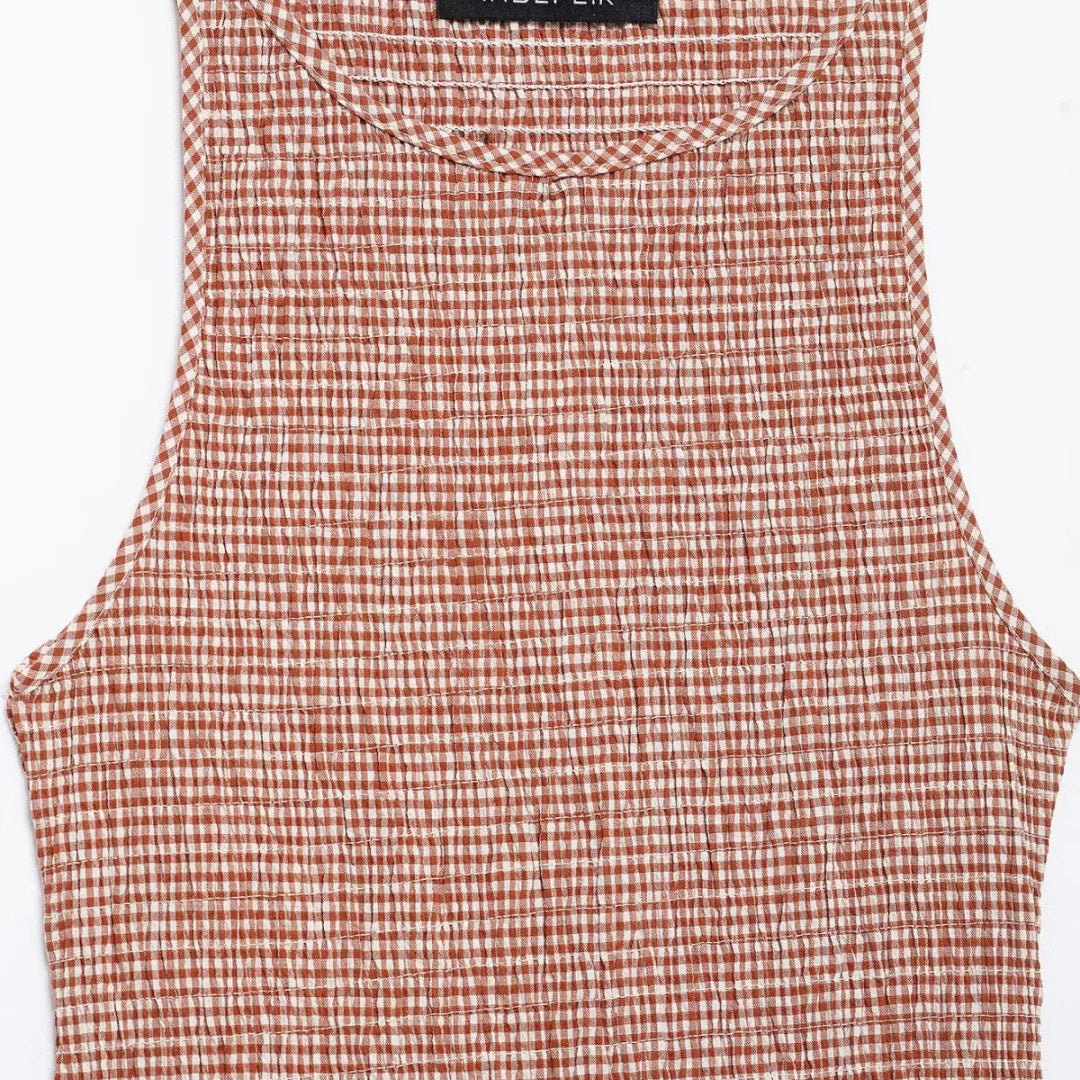 Dress for Women Fashion Summer New Plaid Fold Sleeveless O-neck Midi Vest Dresses French Chic Female Evening Clothing