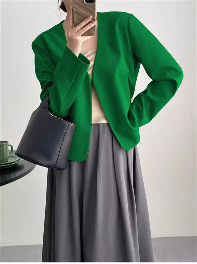 2025 Spring Autumn Fashion New Women's Suit Jackets Solid Short Coats Korean Blazers Long Sleeve Cardigan Coat Without Placket