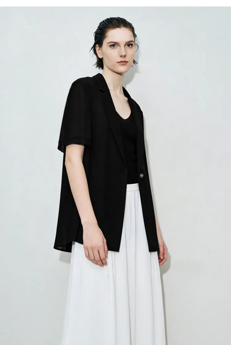 Women's Blazer 2026 Summer New Notched Lapel Chiffon Splicing Short Sleeve Jacket Women's Single Button Casual Top 12622126