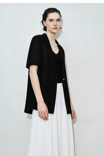 Women's Blazer 2026 Summer New Notched Lapel Chiffon Splicing Short Sleeve Jacket Women's Single Button Casual Top 12622126