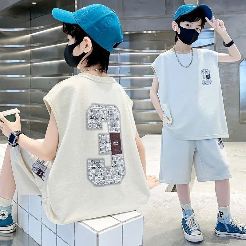 Summer Boys Loose Sleeveless Printed T-Shirt Tops+Shorts Pant School Kids 2PCS Tracksuit Child Outfit Student Workout Set 5-16Yr