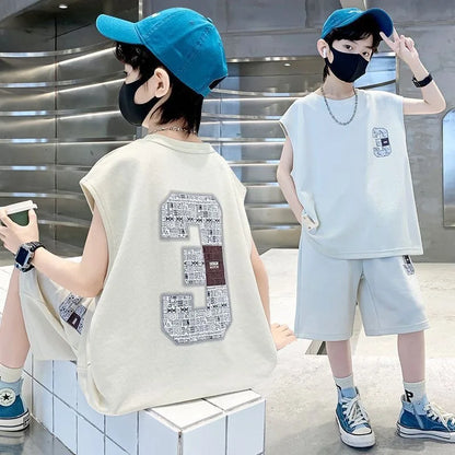 Summer Boys Loose Sleeveless Printed T-Shirt Tops+Shorts Pant School Kids 2PCS Tracksuit Child Outfit Student Workout Set 5-16Yr