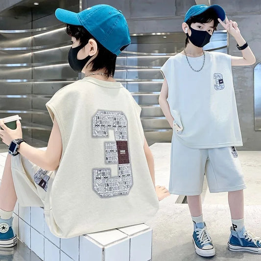 Summer Boys Loose Sleeveless Printed T-Shirt Tops+Shorts Pant School Kids 2PCS Tracksuit Child Outfit Student Workout Set 5-16Yr