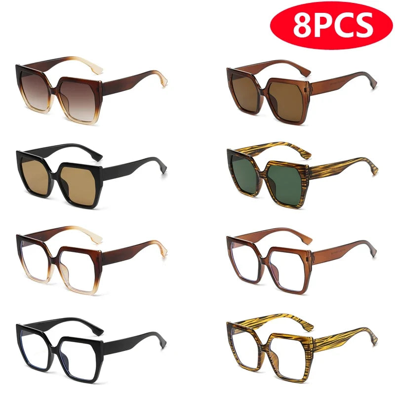 Cycling 8pcs Cateye Sunglasses Sets Women Luxury Minimalist Leopard Pattern Design Retro Polygonal Eyeglasses UV400 Unisex