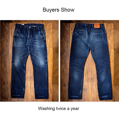 Blue-Black Officer Trousers Slim Straight Fit 14oz Indigo Selvedge Denim Jeans