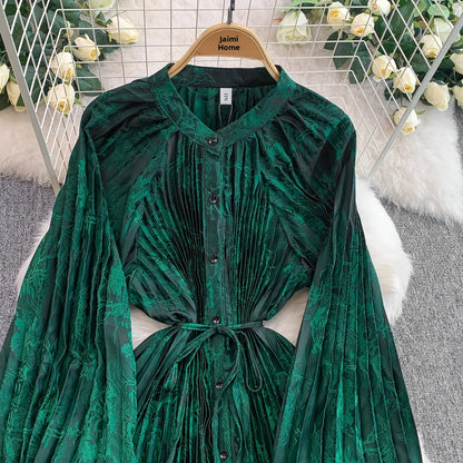 Ele Printed round Ne Lantern Sve Dr Women's Single Button Waist Cinch Maxi Skirt Long Dr Commute Sle Autumn