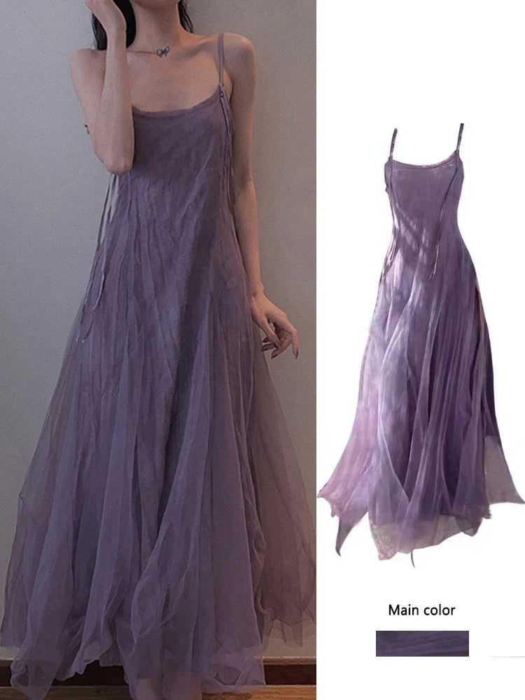 Slimming Effect Purple Mesh Ankle-Length Dress Women's plus Size Strapless Gown Korean Style High Waist A-Line Skirt