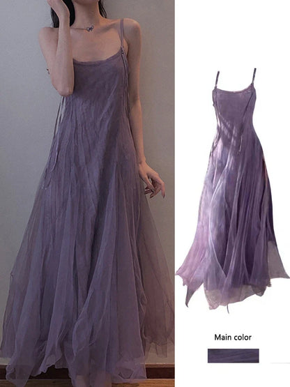 Slimming Effect Purple Mesh Ankle-Length Dress Women's plus Size Strapless Gown Korean Style High Waist A-Line Skirt