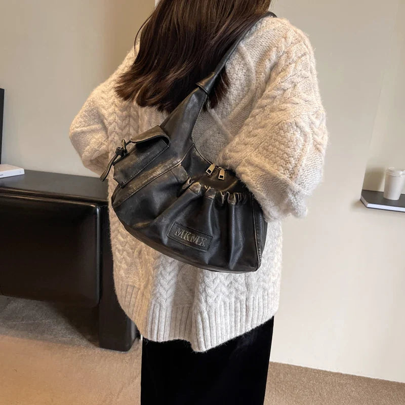 Retro Leather Shoulder Bags for Women 2025 Spring Vintage Underarm Bag Handbags and Purses Latest Fashion Hand Bag
