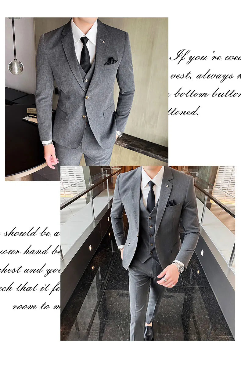 Men's Large Size Three-Piece Suit Set - High-Quality Solid Color Fashion Business Professional Suit with Vest And Trousers
