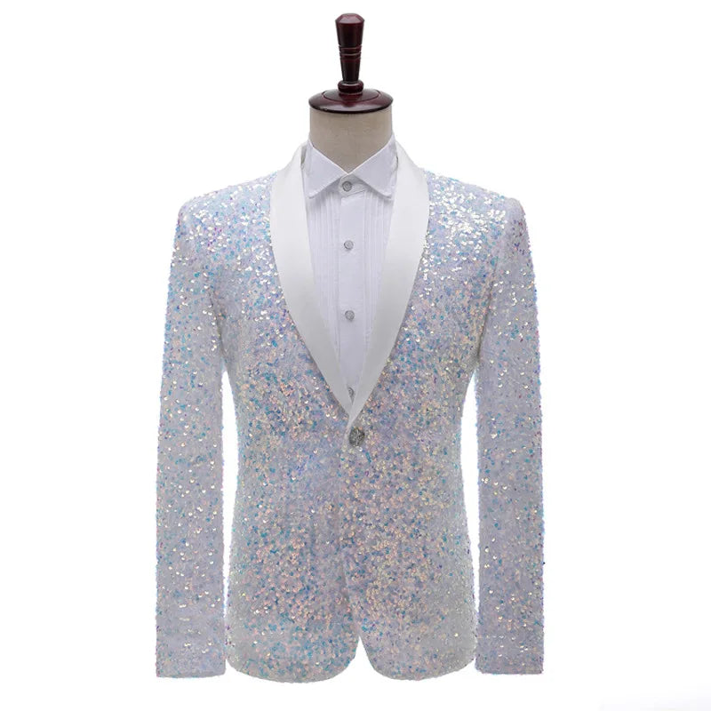 Shimmering Green Sequinned Blazer, Dazzling and Eye-catching, European Sizing, Men's Wedding Party Stage Dazzling Formal Wear