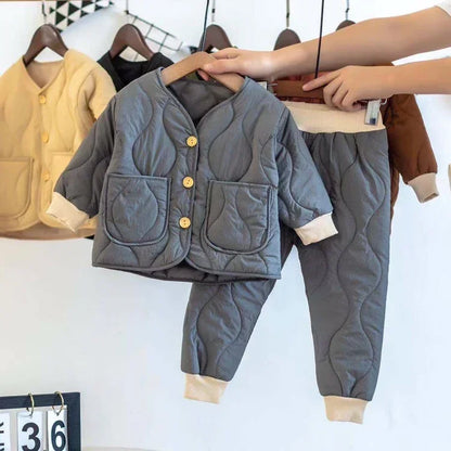 Winter Cute Girls Quilted Warm Clothes Sets Kids Boys Thicken Pullover and Thick Pants 2pcs Sets Boy Warm Suit for Kindergarten