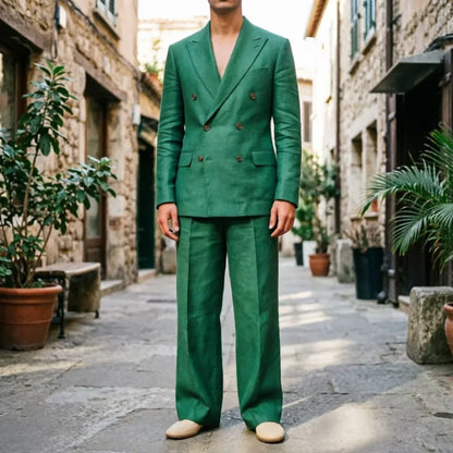 Men‘s Sage Green Linen Suit 2 Piece Double Breasted Peak Lapel Blazer Straight Leg Pants Casual Set For summer wedding Groom New