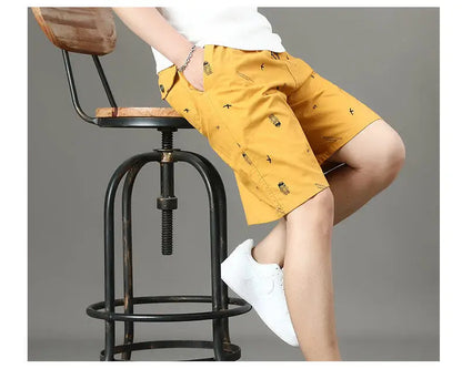 Men's Cotton Shorts Print Casual Shorts Travel Bermuda Shorts Elastic Waist Golf Shorts