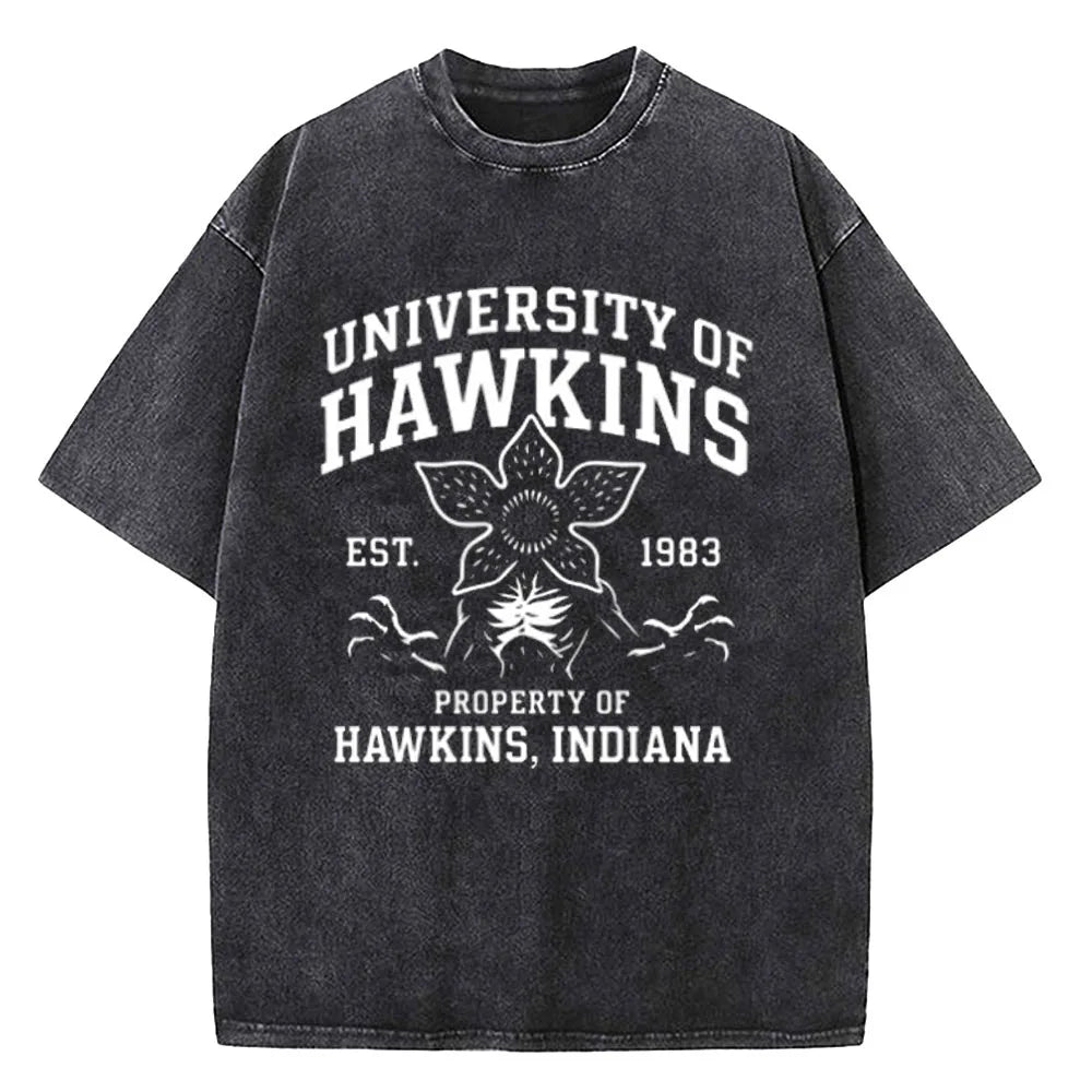 Demogorgon Hawkins Vintage Washed T Shirt Women Men Anime Cotton T Shirt Summer Harajuku Street Tops Clothing