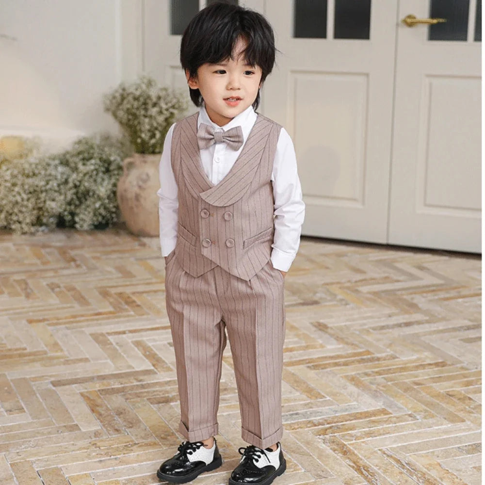 Children's Khaki Striped Suits 3 Pieces Vest Pants Bow-tie Kids Back-to-school Suit Set Wedding Birthday Party Outfit For Boys