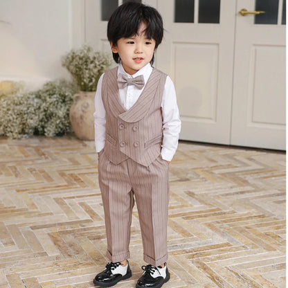 Children's Khaki Striped Suits 3 Pieces Vest Pants Bow-tie Kids Back-to-school Suit Set Wedding Birthday Party Outfit For Boys