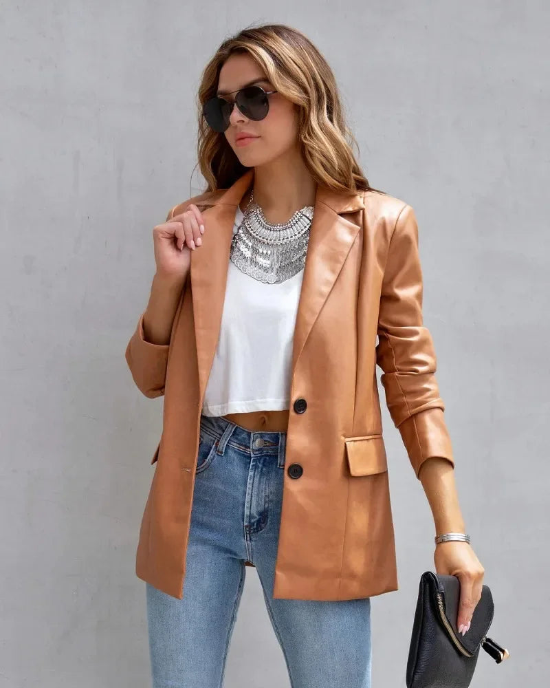 Elegant Chic Jacket Office Lady Long Sleeve Lapel Collar Single Breasted Pocket Coat Outwear 2025 Women PU Leather Suit Blazer