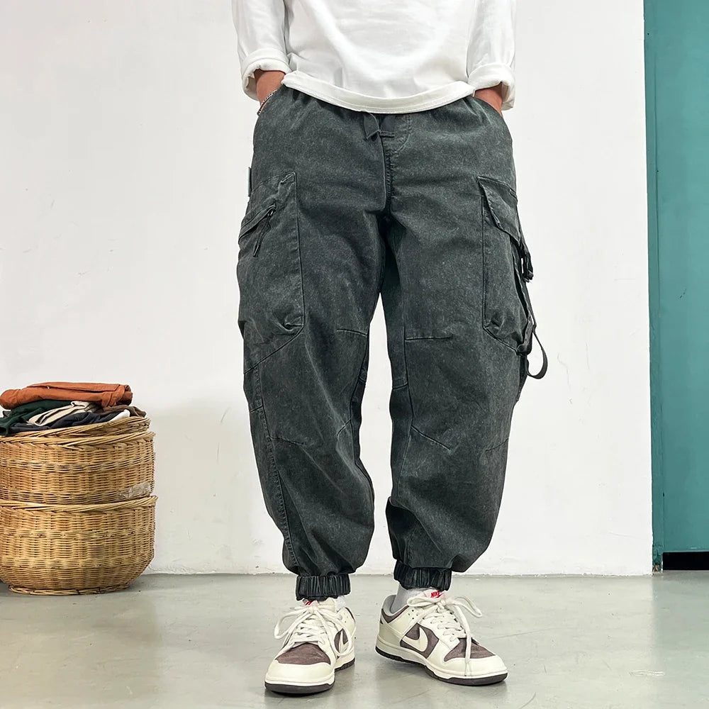 High Quality Snow Wash Distressed Cargo Pants Men Korean Fashion Plus Size Harem Pants Streetwear Joggers Casual Baggy Trousers