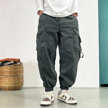 High Quality Snow Wash Distressed Cargo Pants Men Korean Fashion Plus Size Harem Pants Streetwear Joggers Casual Baggy Trousers