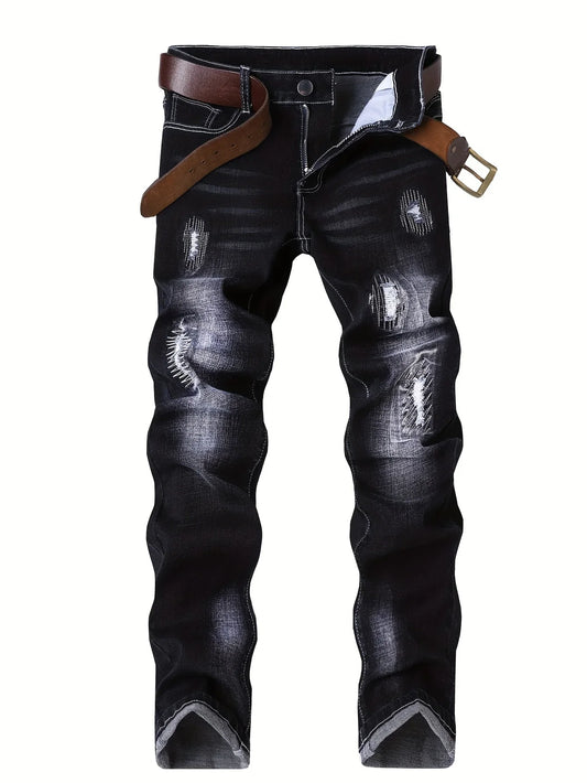 Motorcycle Trendy Straight Men's Jeans Elastic Washed Fashion Streetwear Denim Pants Embroidery Hip-Hop Trousers (Without Belt)