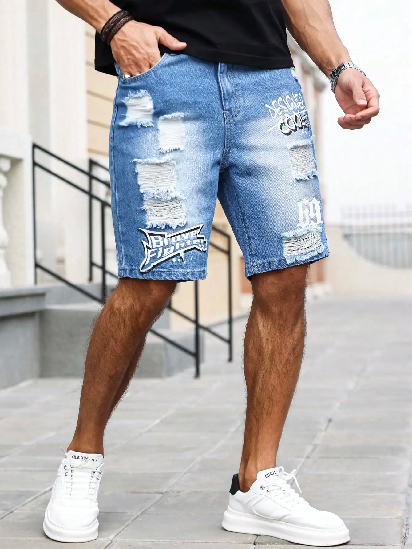 Men's Summer Blue Ripped Printed Denim Shorts. Trendy Ripped Design. Stylish Text Prints.