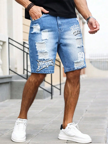 Men's Summer Blue Ripped Printed Denim Shorts. Trendy Ripped Design. Stylish Text Prints.
